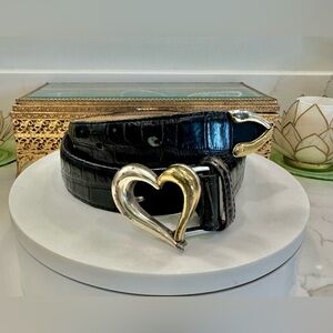 VTG Brighton Two-Tone Gold/Silver Heart Buckle Croc-Embossed Black Leather Belt